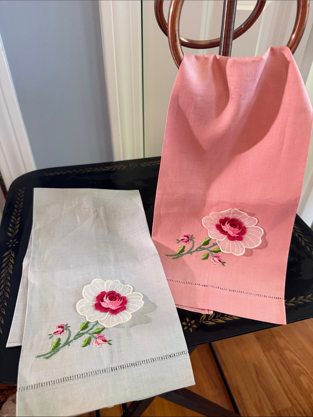 Vintage 2 Embroidered Floral Hand Towels Pink gray organza flowers